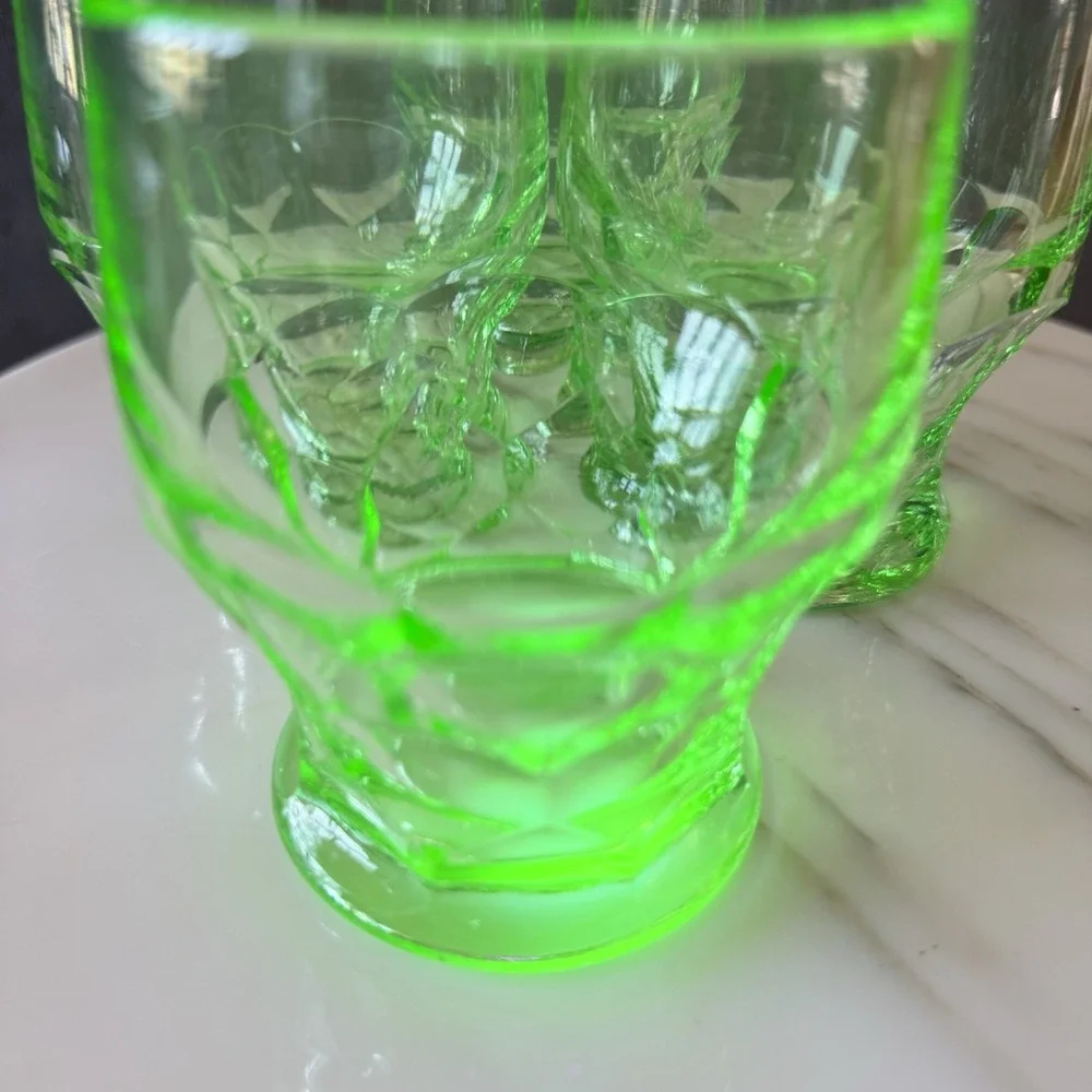 4 - Vintage Green Vaseline Uranium Glass Tumbler Honeycomb Georgian Cambridge